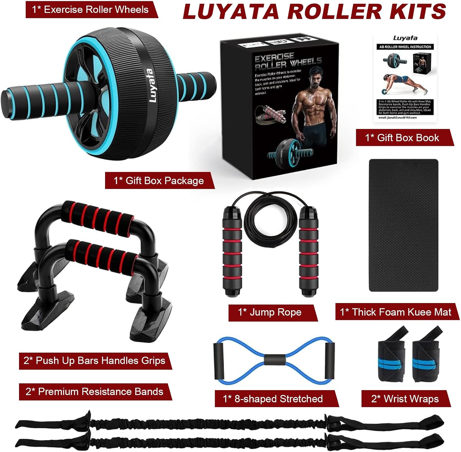 Ab Roller Wheel, 10-In-1 Ab Exercise Wheels Kit with Resistance Bands, Knee Mat, Jump Rope, Push-Up Bar - Home Gym Equipment for Men Women Core Strength & Abdominal Exercise