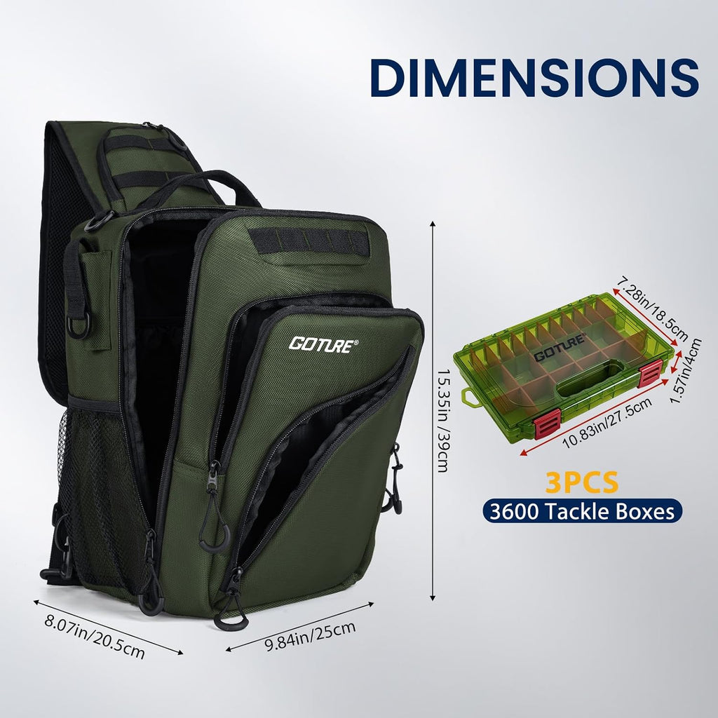 Goture Green Tactical Fishing Bag with 3 Trays,1680D Fishing Backpack