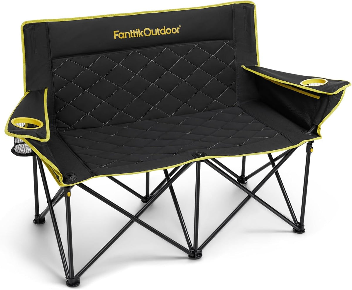 FanttikOutdoor Zeta L11 Duo Pro Double Camping Chair, 2 Person Portable Folding Couch, Up to 600 lbs, High Strength Loveseat with Cup Holder & Carry Bag for Travel, Patio, Games, BBQ, Backyard, Khaki