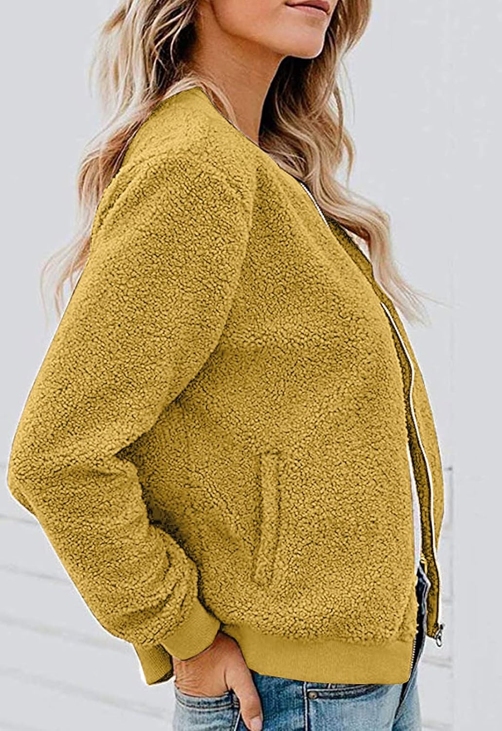 MIROL Women's Fall Fleece Bomber Jacket Trendy Sherpa Winter Coat Fuzzy Casual Long Sleeve Zip Up Loose Fit Jackets