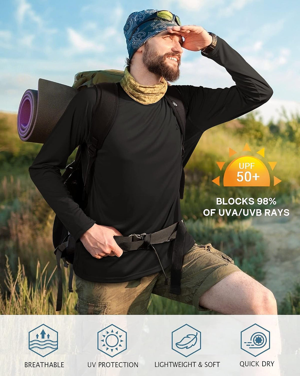 Roadbox Mens UPF 50+ UV Sun Protection Shirts Outdoor Long Sleeve SPF Rash Guard for Fishing Hiking Swimming Running