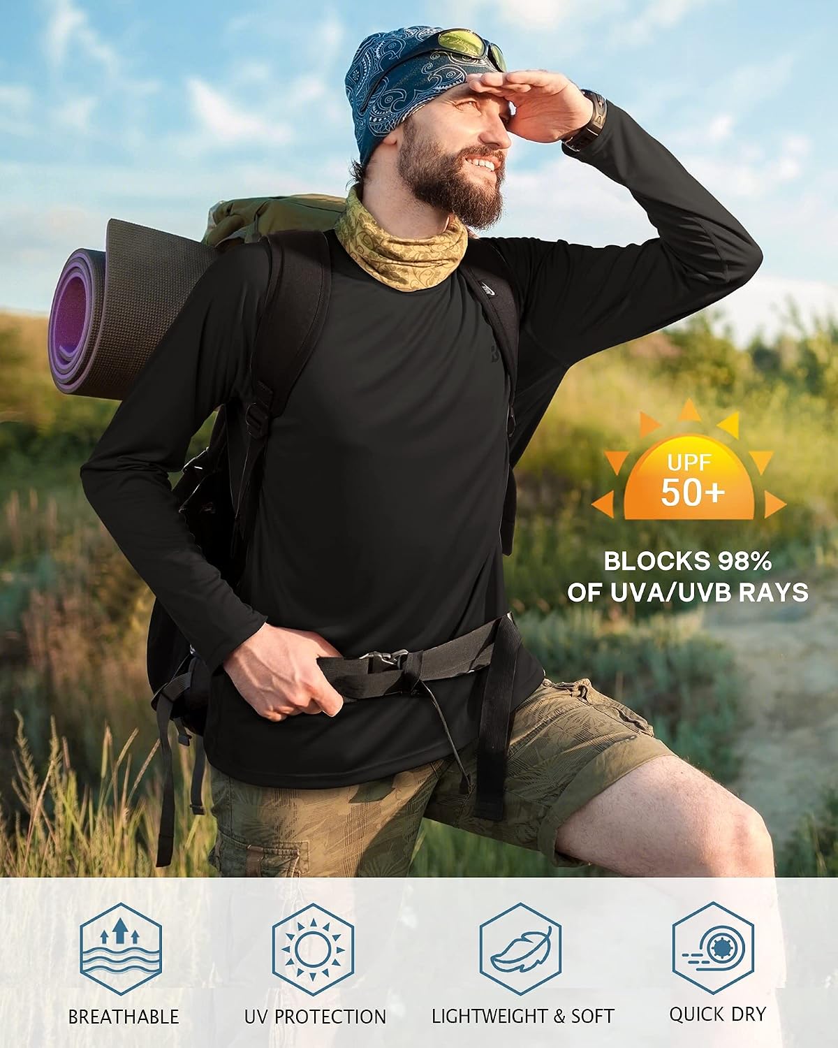 Roadbox Mens UPF 50+ UV Sun Protection Shirts Outdoor Long Sleeve SPF Rash Guard for Fishing Hiking Swimming Running