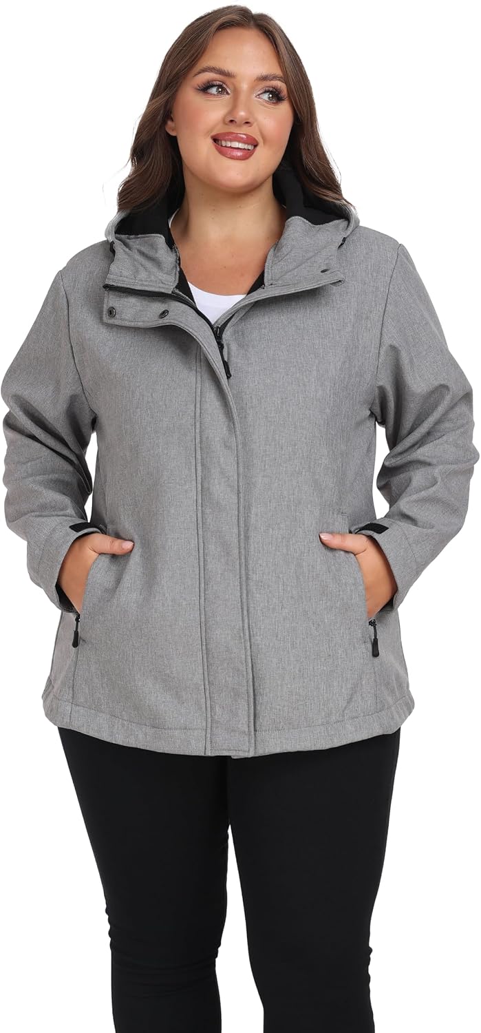 wantdo Women's Plus Size Softshell Jackets Hooded Fleece Lined Windbreaker
