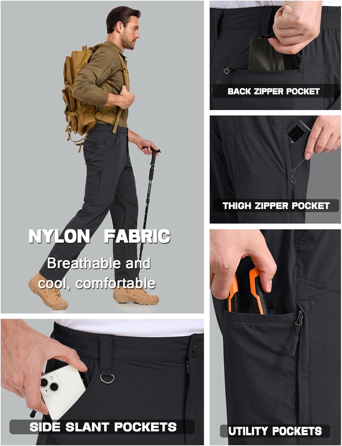 SPOSULEI Mens Lightweight Cargo Hiking Outdoor Quick Dry Work Tactical Pants 6 Pockets Water Resistant Fishing Travel Pants