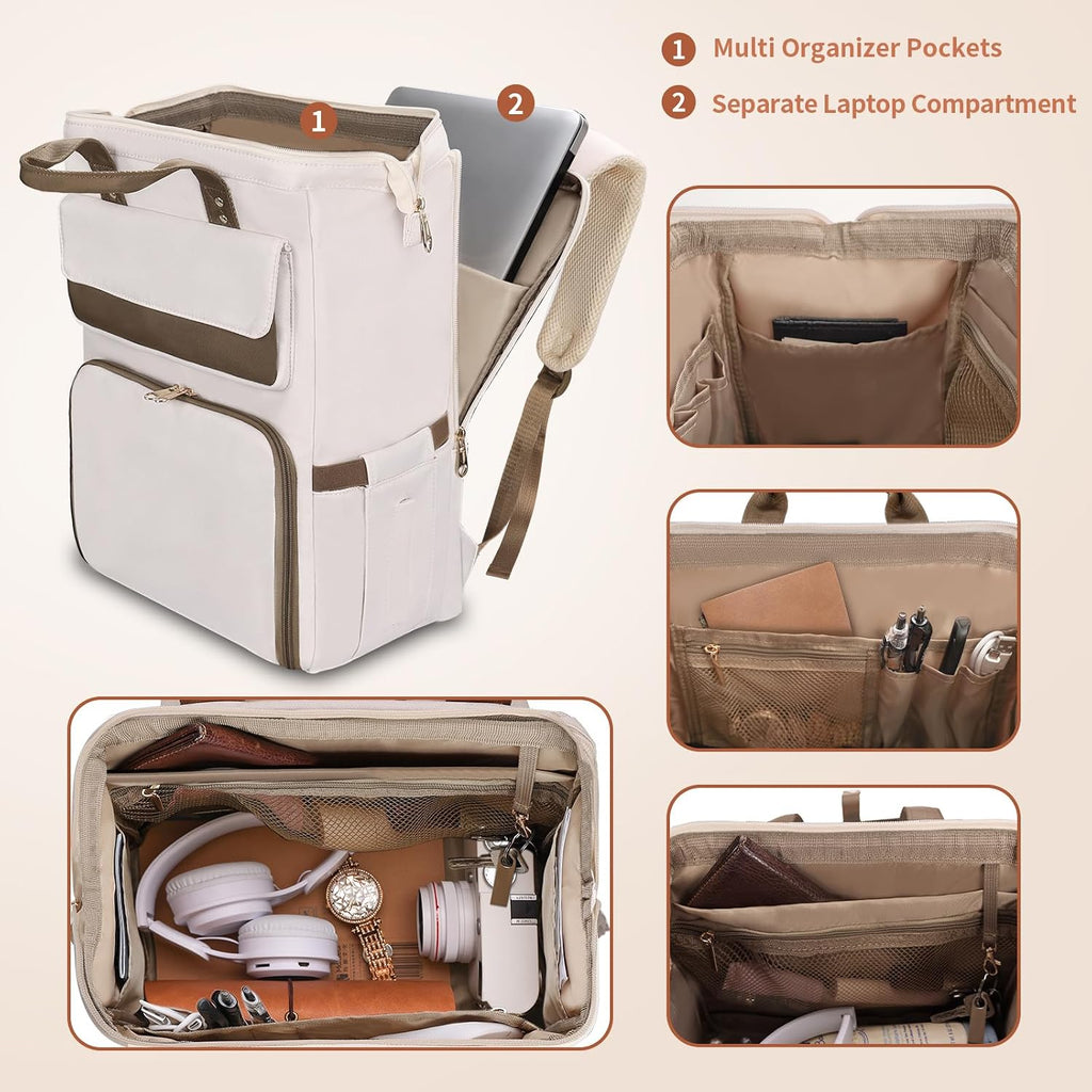 BERTASCHE Lunch Backpack for Women, 15.6 Inch Laptop Backpack with Insulated Cooler Lunch box, Nurse Backpack for Teacher Work Travel College Picnic, Beige