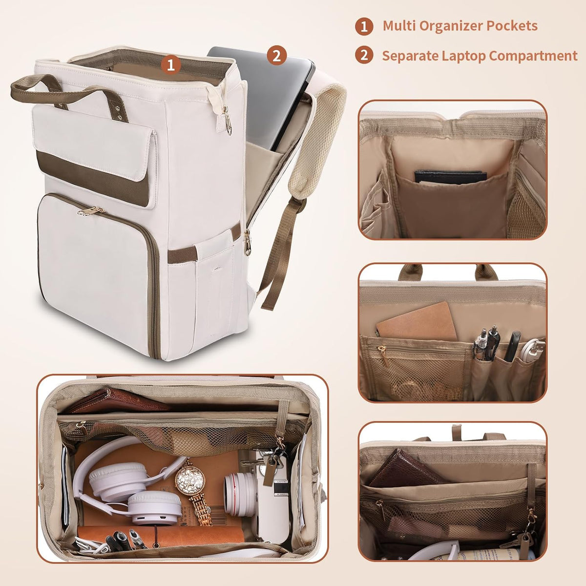 BERTASCHE Lunch Backpack for Women, 15.6 Inch Laptop Backpack with Insulated Cooler Lunch box, Nurse Backpack for Teacher Work Travel College Picnic, Beige