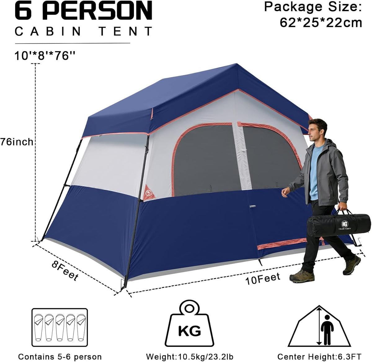 HG 6-8 Person Camping Tent Waterproof Family Cabin Tent for Camping