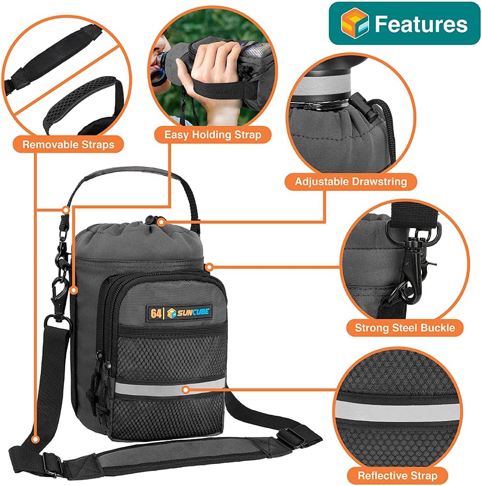 SUN CUBE Water Bottle Carrier with Strap, Insulated Water Bottle Carrier Bag with Phone Pocket Pouch, Sleeve Sling Purse Crossbody Bottle Holder for Walking, Sports, Hiking Accessories, Gray 64oz