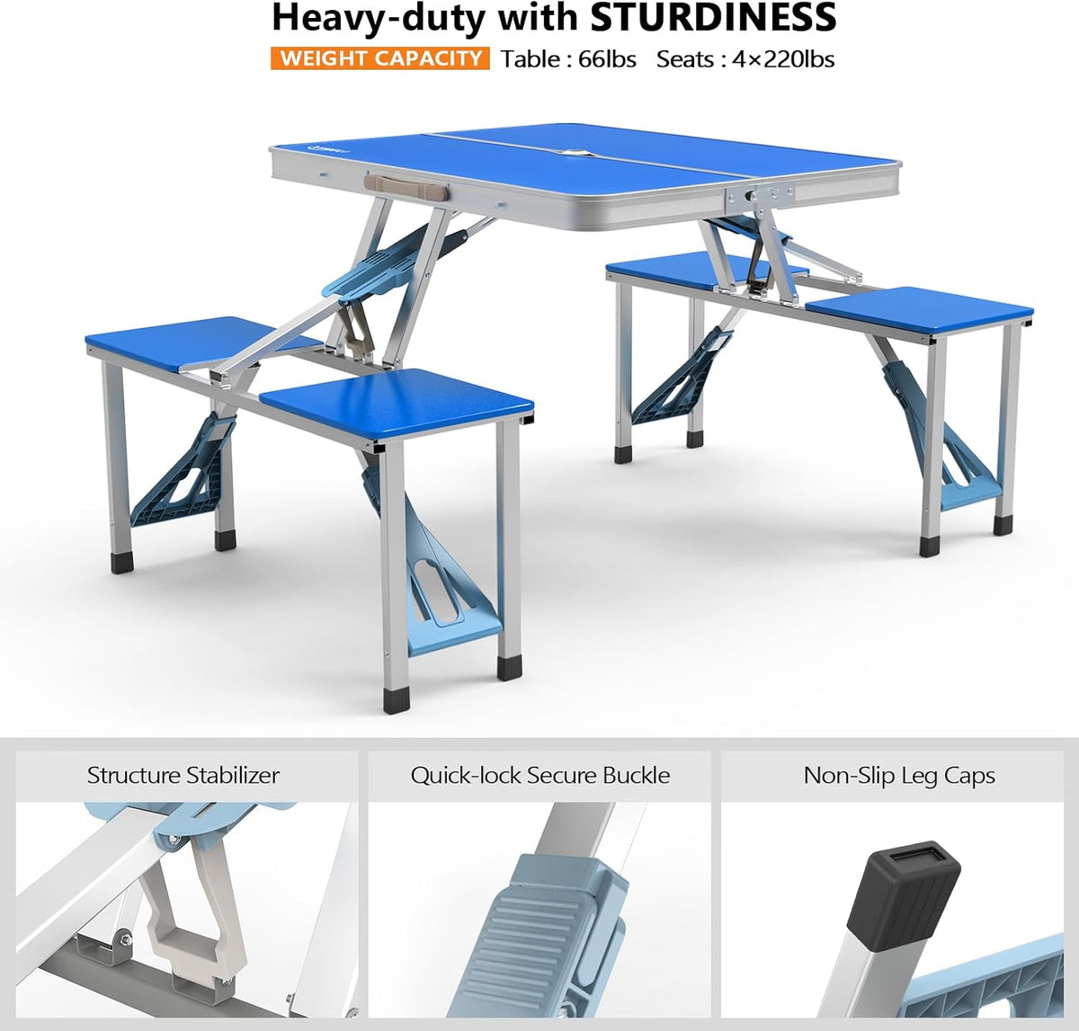 VINGLI 4Ft Portable Folding Picnic Table Camping Table Foldable Set with 4 Seats with Umbrella Hole Suitcase Card Table-220 Lbs Support Aluminum Frame, Plastic RV Tabletop for Yard, Travel-Green