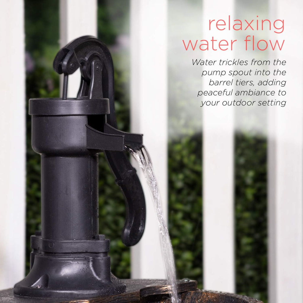 Alpine Corporation 27" Tall Rustic Outdoor 2-Tier Barrel Pump Water Fountain with Soothing Cascading Water Flow for Patio, Yard, Porch, or Landscape, Bronze