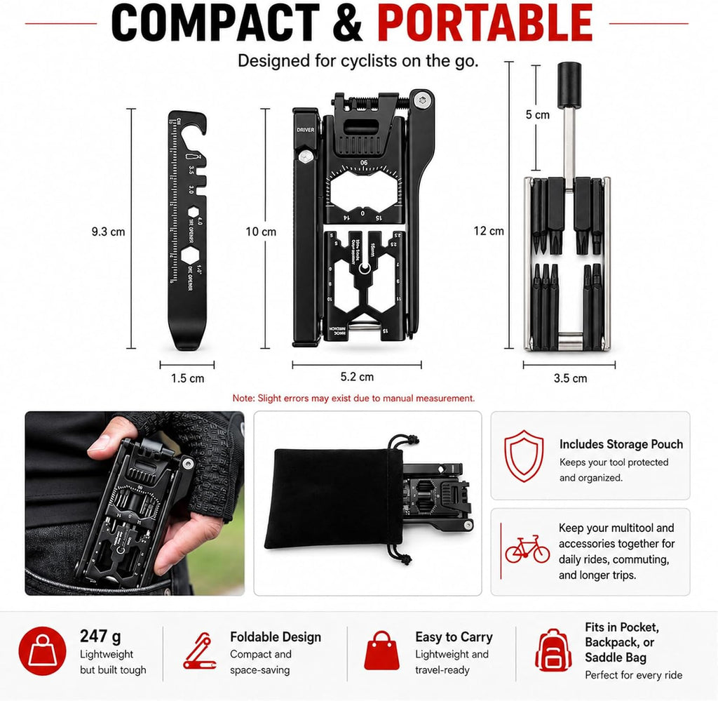 38-in-1 Bike Multitool – Portable Magnetic Bike Repair Tool Set with Tire Levers, Chain Cutter, Hex Wrenches, Spoke Wrenches, Box Spanner, Bottle Opener, and Includes Storage Bag