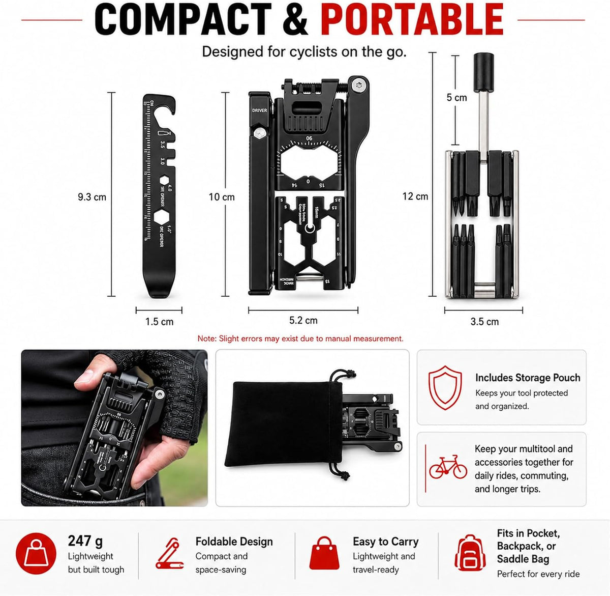38-in-1 Bike Multitool – Portable Magnetic Bike Repair Tool Set with Tire Levers, Chain Cutter, Hex Wrenches, Spoke Wrenches, Box Spanner, Bottle Opener, and Includes Storage Bag