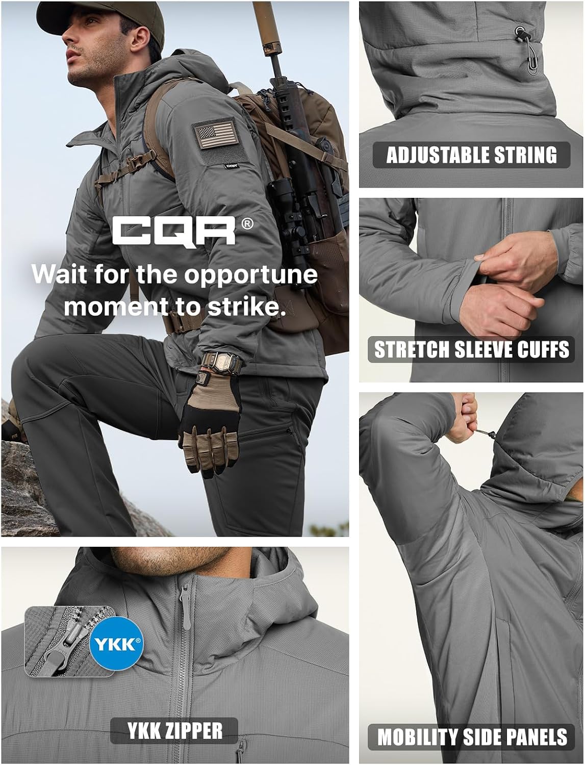 CQR Men's Lightweight Warm Insulated Jacket, Windproof Water Resistant Winter Active Coat for Hiking Work Outdoor Tactical