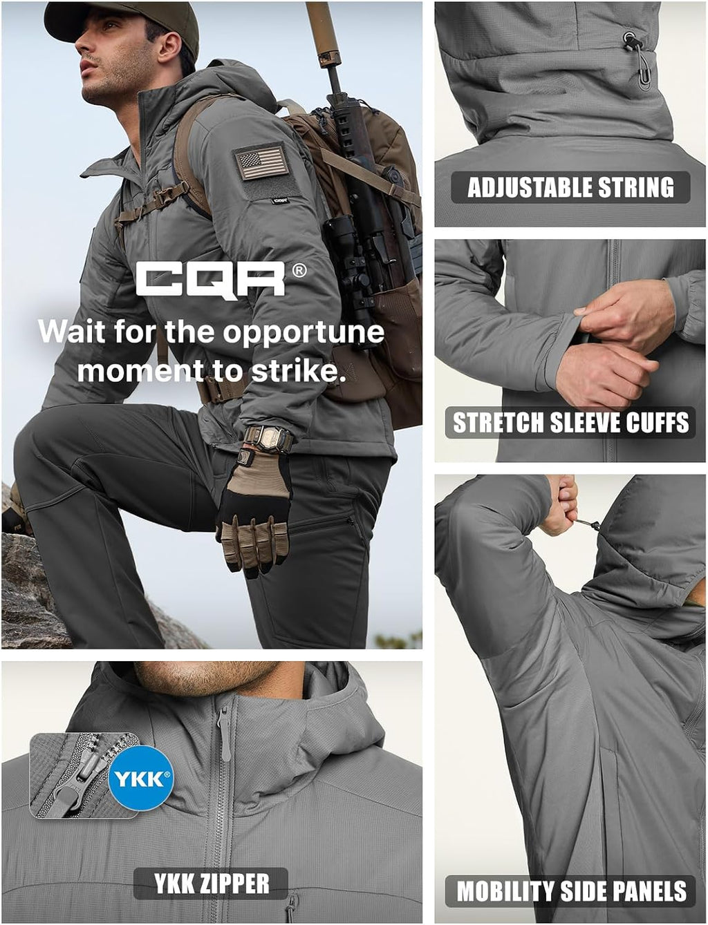 CQR Men's Lightweight Warm Insulated Jacket, Windproof Water Resistant Winter Active Coat for Hiking Work Outdoor Tactical