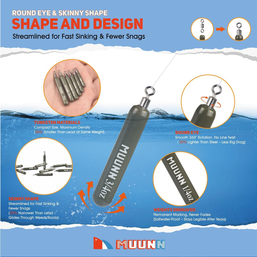 Tungsten Skinny Drop Shot Weights with Rotating Round Eye