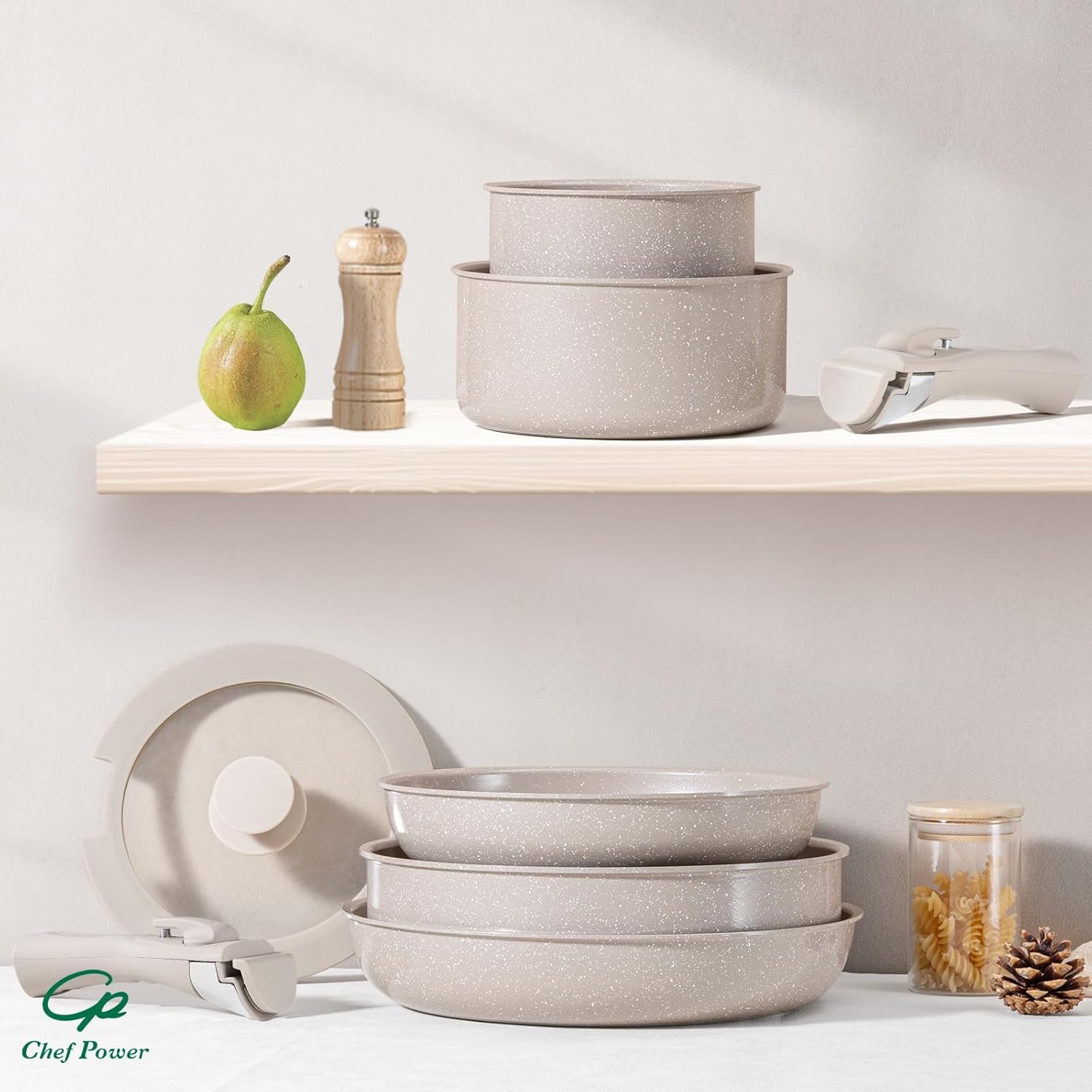 Chef Power Ceramic Nonstick Pots and Pans Set 19 Piece with Detachable Handle, Induction Dishwasher Oven Safe Cookware Set, RV Kitchen Set Removable Handle, Mocca Taupe
