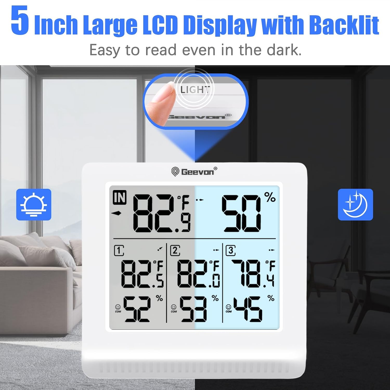 Geevon Indoor Outdoor Thermometer Wireless with 3 Remote Sensors, Digital Hygrometer Thermometer, Temperature Gauge Humidity Monitor with Backlight, 200FT/60M Transmission Range