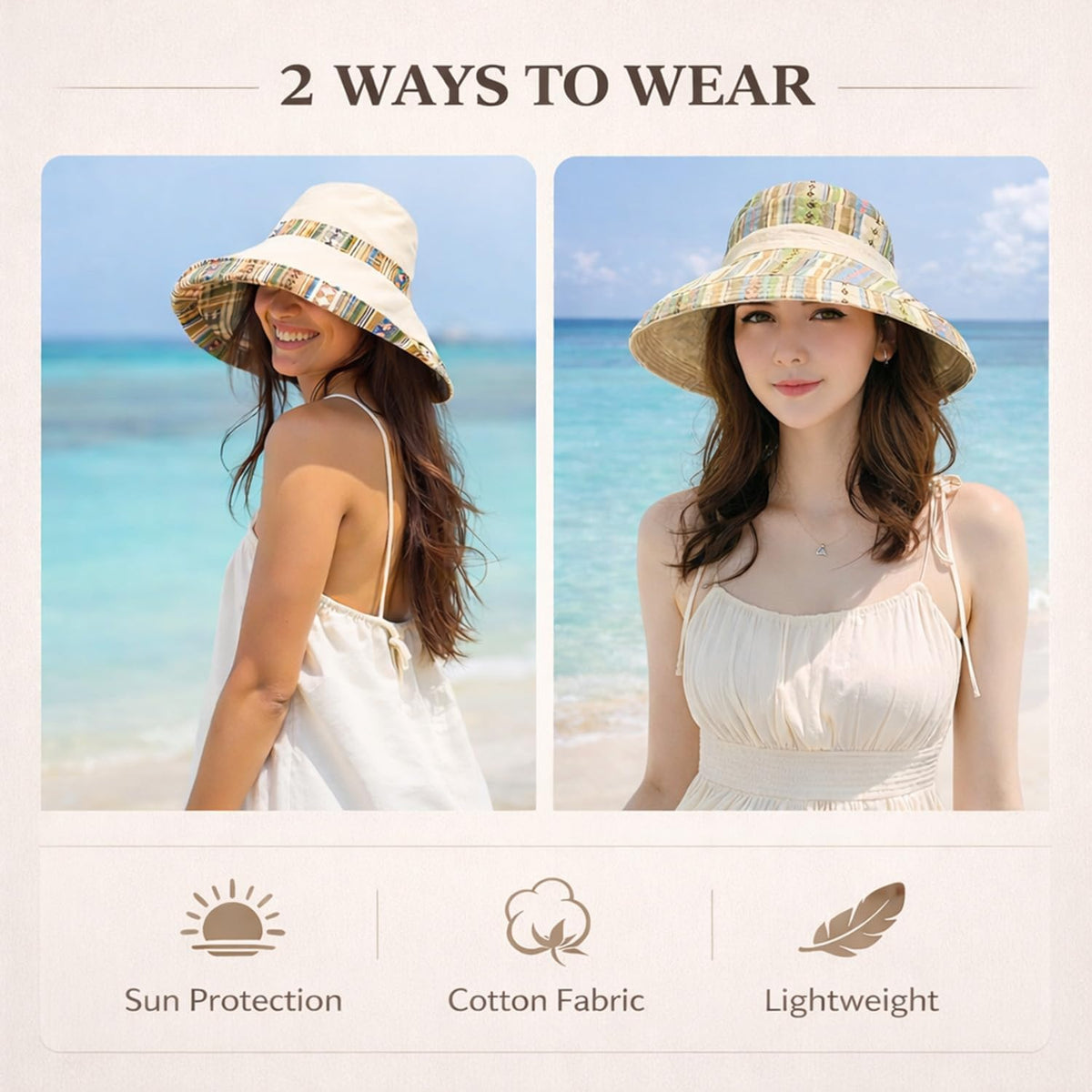 Wide Brim Sun Hat for Women Reversible Beach Hats Metal Wired Edge Gardening Hats, UPF 50+ Bucket Summer Hat