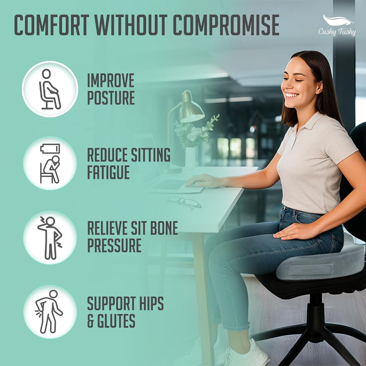 Cushy Tushy Seat Cushion | Premium Foldable Sit Bone Cushion for Pressure Relief, Hip, Hamstrings & Sciatica Comfort | Butt Pillow | Ergonomic Ischial Tuberosity Support for Home, Office & Driving