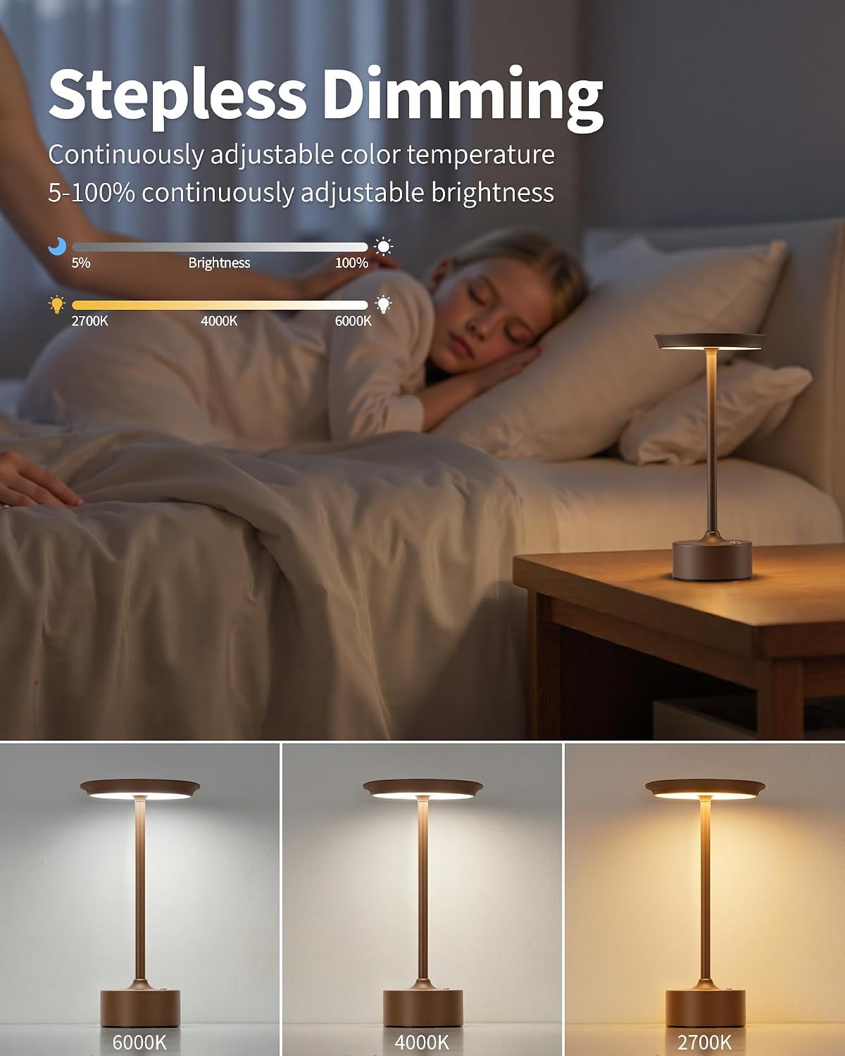 PUSU Rechargeable Table Lamps Set of 2, Brown Cordless Portable Desk Lamp