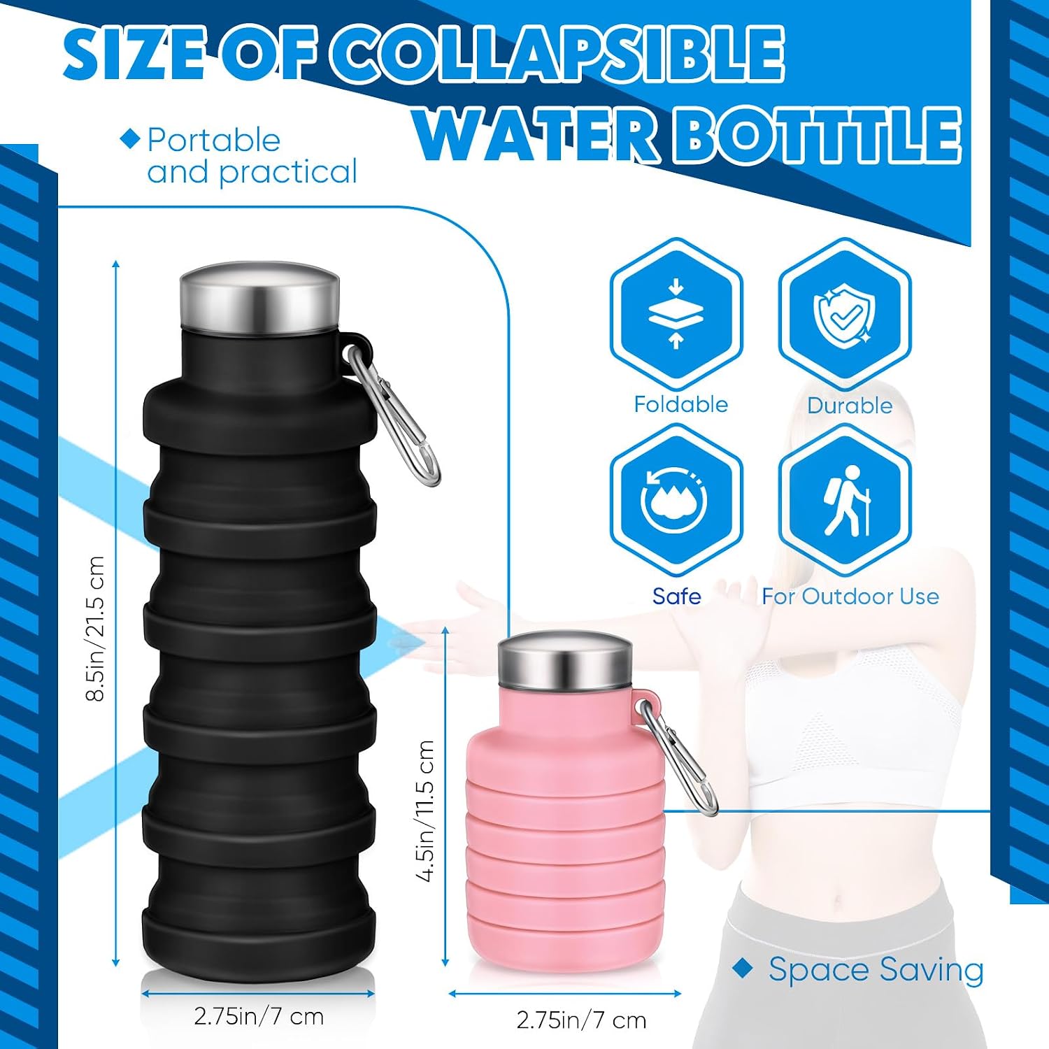 Baderke 2 Pcs Collapsible Water Bottles, 17oz, Pink, Black