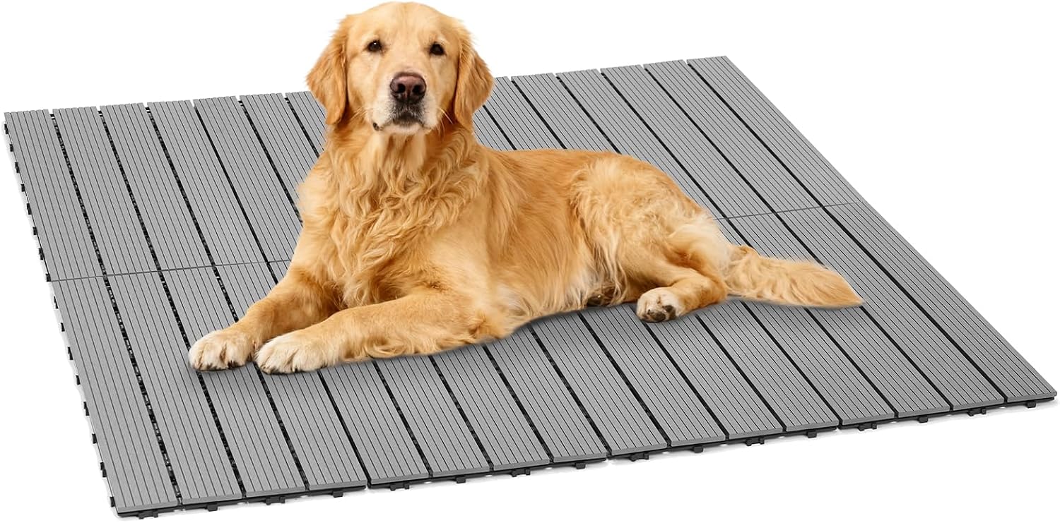 Veehoo Outdoor Flooring Decking for Dog Playpens, Kennels, 4' x 4' Waterproof Dog Training Platform, Portable Deck for RV, Pet Enclosures,Grey (24 x 12 inches, 8PCS)