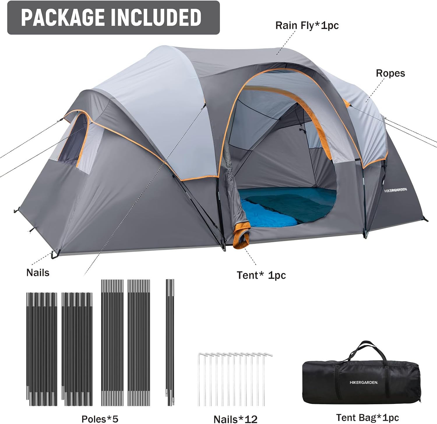 HIKERGARDEN 10 Person Tents for Camping Family Outdoor Dome Tent