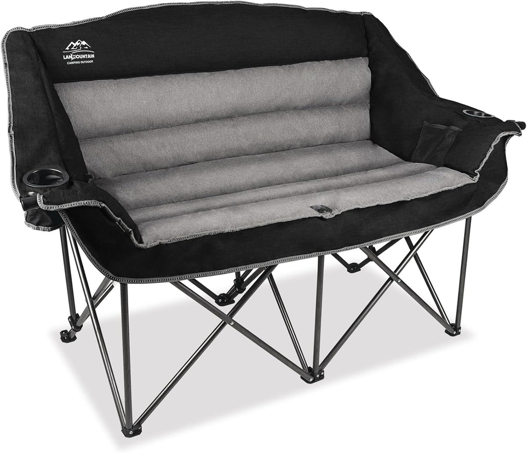 Fully Padded Folding Double Camping Chairs,Comfy Oversized Loveseat Lawn Chair w/Wine Glass Holder,Cup Holder,Heavy Duty Outdoor Portable Camp Couch Support 600 Lbs,Dark Green