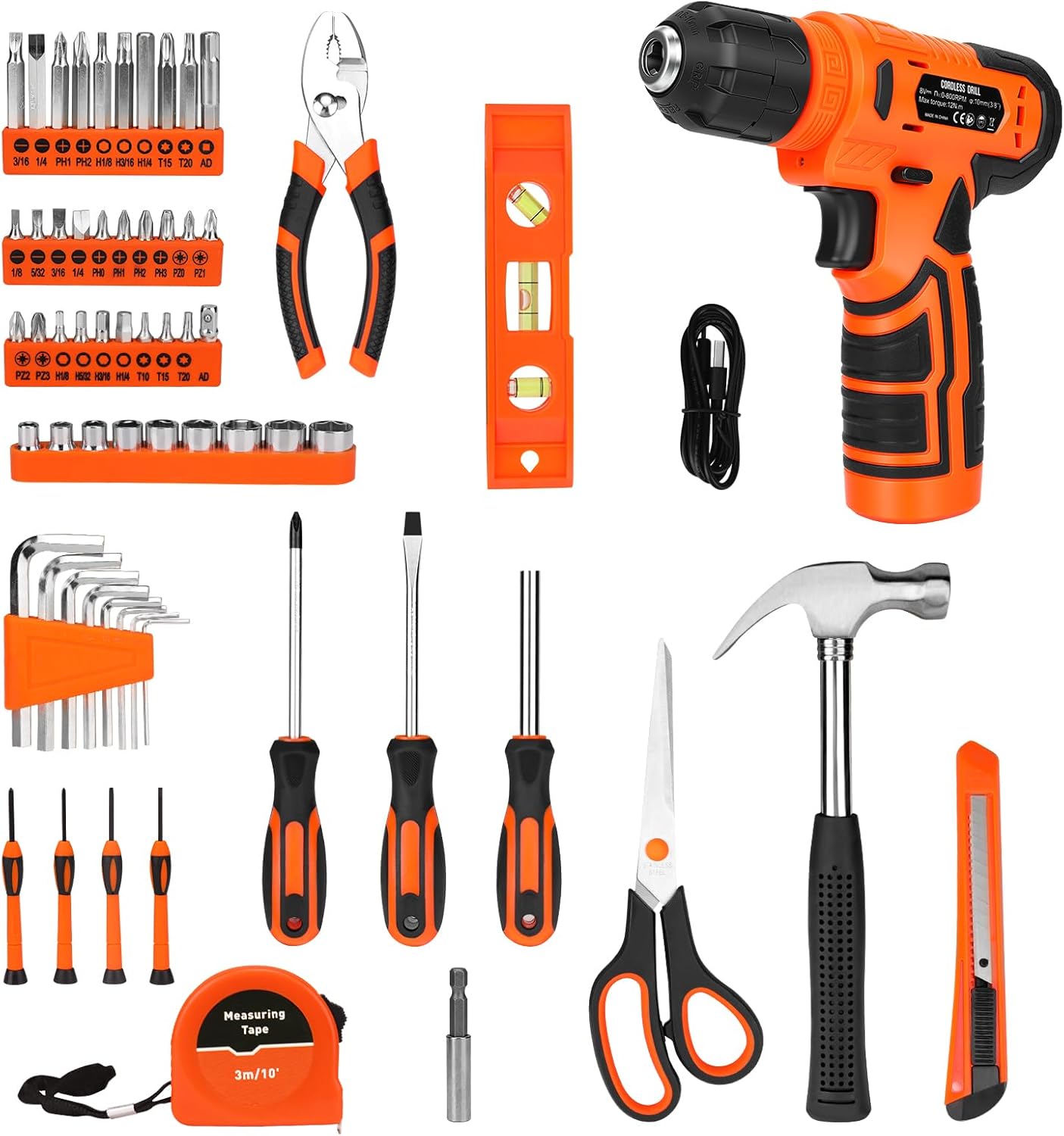 139-Piece Tool Set - Tool Kit with 8V Cordless Drill Driver in ToolBox Storage Case, General Household Drill Set for Home Repairs, Handyman, DIY Projects