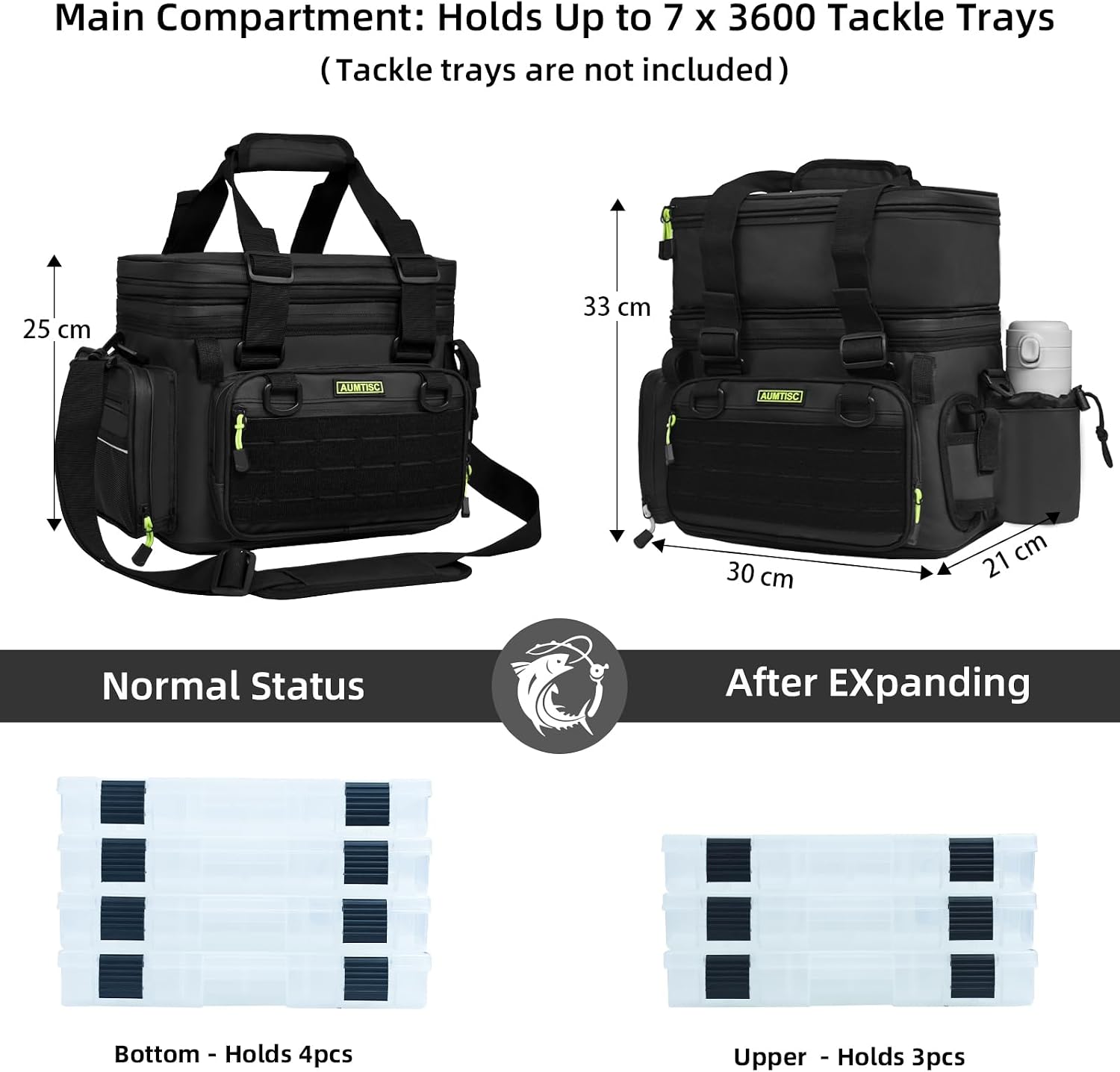 AUMTISC Fishing Tackle Bags for 3500/3600 Trays, Expandable Tackle Box Organizer Gear Storage Bag, with Rod Holders, Detachable Shoulder Strap, Freshwater or Saltwater Fishing Accessories Bags