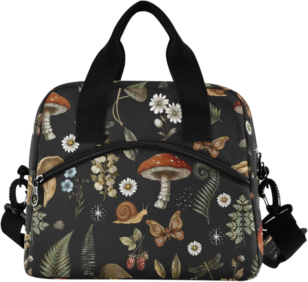 Mushrooms Insulated Lunch Bag, Vintage Flower Butterfly Dragonfly Reusable Cooler Lunch Tote Box with Shoulder Strap for Work Picnic School Beach