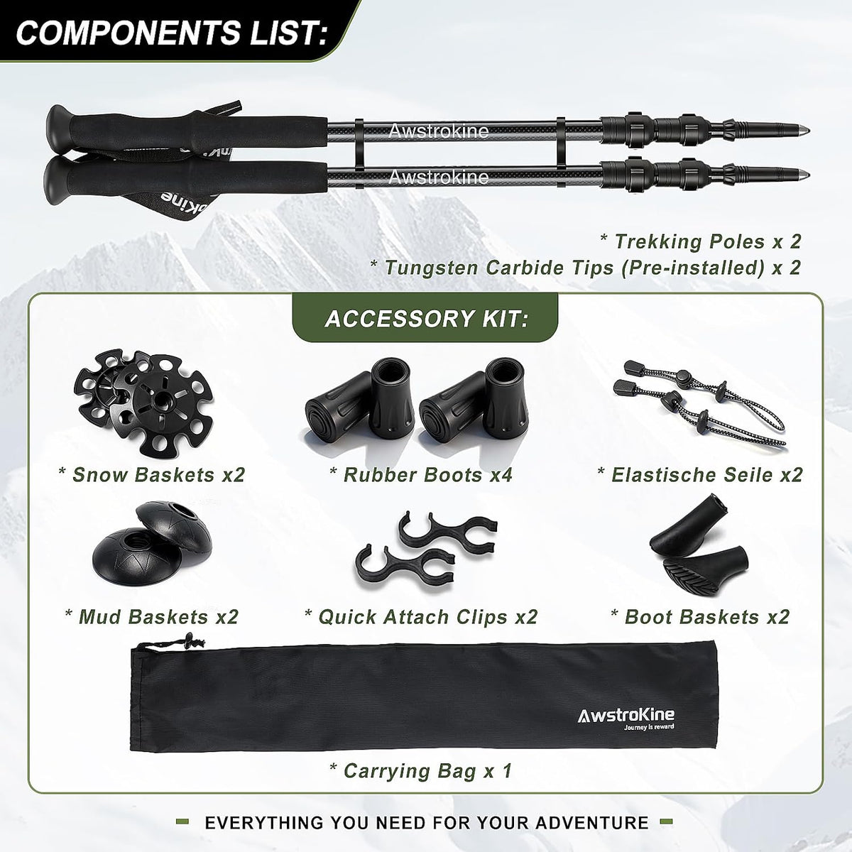 Ultra Light Carbon Fiber Hiking Trekking Poles - 6.07oz Nordic Trekking Sticks with Full EVA Grips & Quick Locks, All-Terrain Hiking Sticks for Seniors, Men & Women, Set of 2