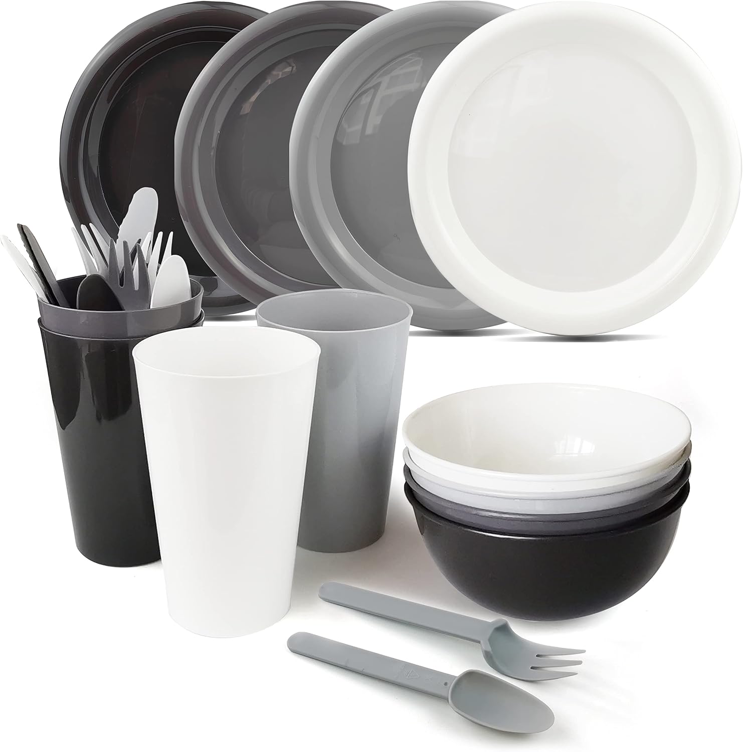 Plastic Plates and Bowls Sets,College Dorm Room Essentials Dishes Set Camping Plates,Dinnerware Accessories Mess Kit-Microwaveoven Safe BPA-Free with Mesh Bag-24PCS