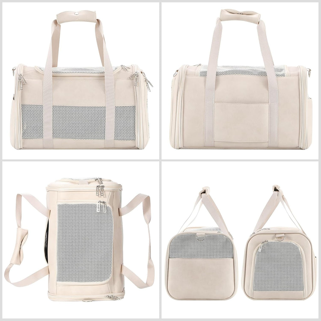 Fashion Leather Dog Carrier, Airline Approved Cat Carrier Soft Sided Pet Bag Carrier Purse for Puppy Kitten Small Animals White