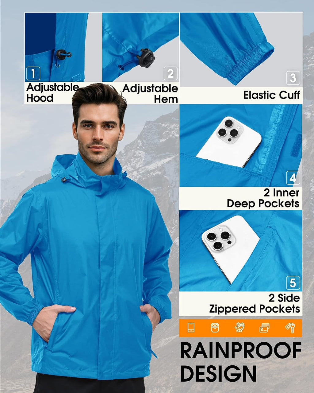 Outdoor Ventures Men's Rain Jacket Waterproof Lightweight Packable Raincoat