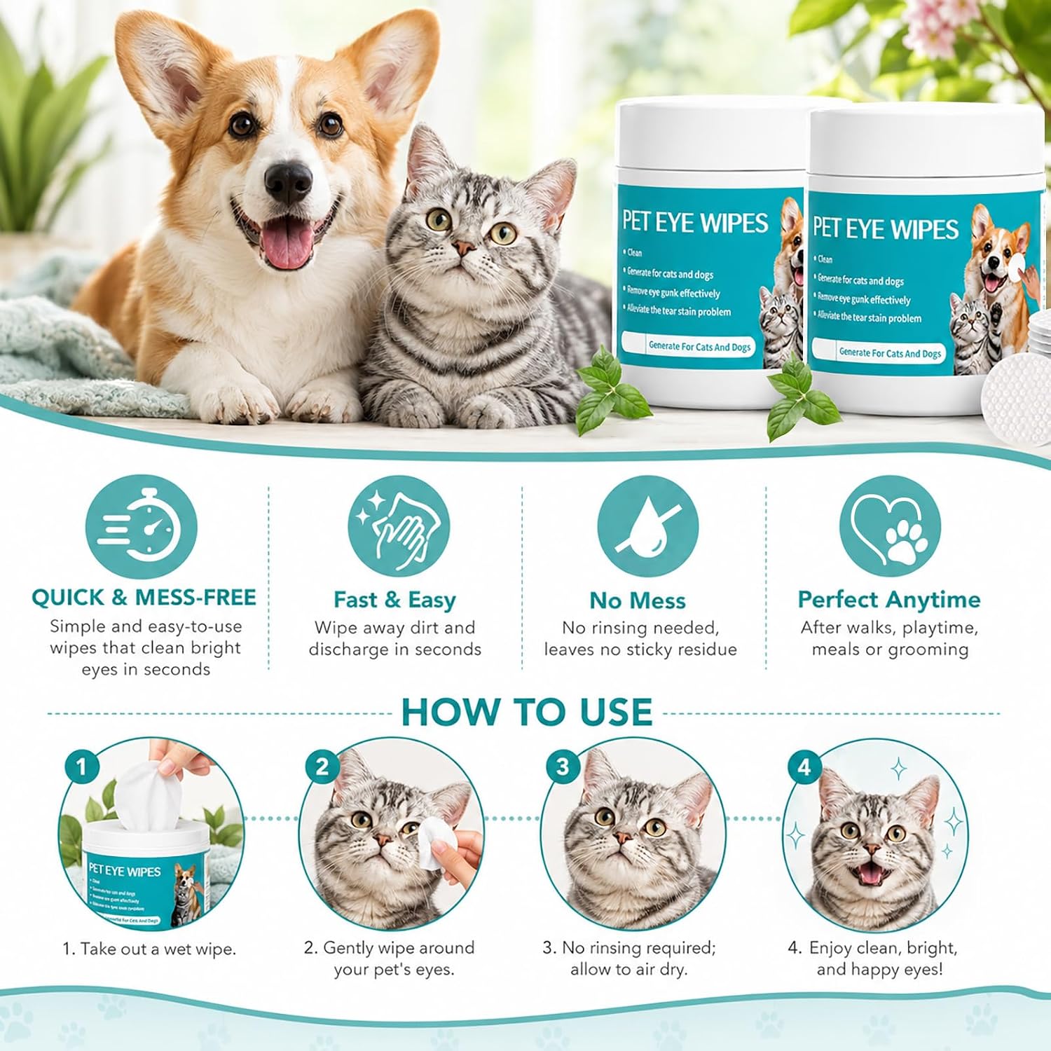 Dog Eye Wipes, Pet Eye Defense Wipes for Daily Cleaning, Tear Stain Remover with Chamomile & Aloe, Pre-Soaked Unscented for Sensitive Eyes, Gentle Texture (2Pcs)