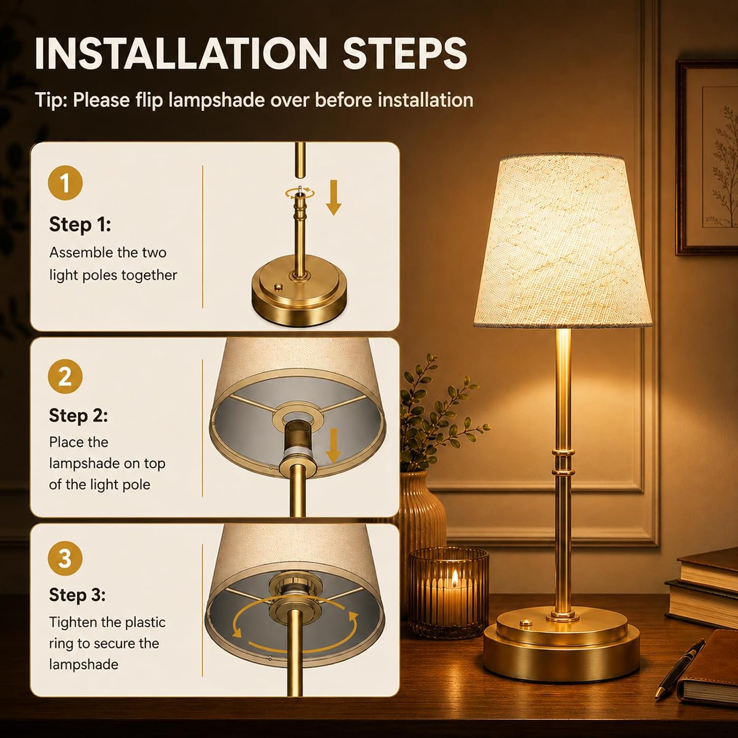 Rechargeable Cordless Table Lamp, Nightstand to End Table,Gold,1 Pack