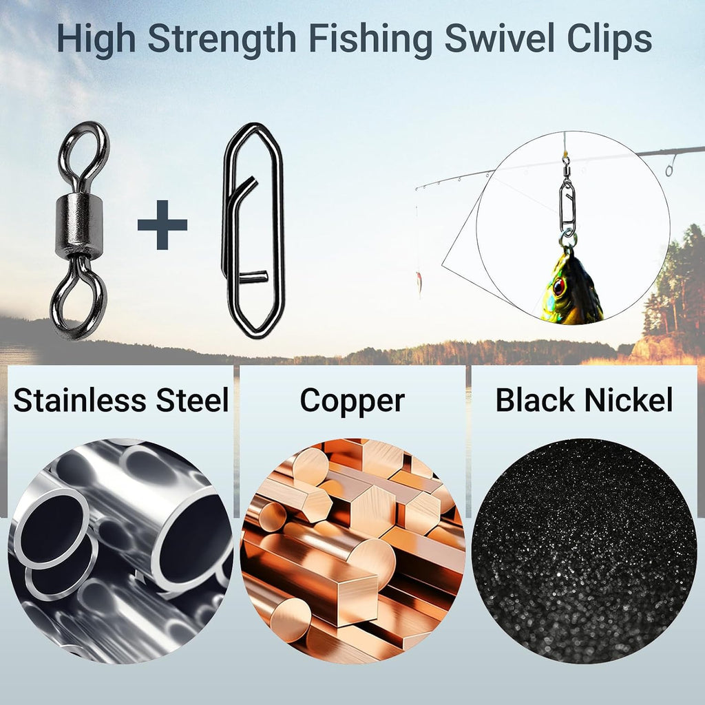 QISHUO Stainless Steel Fishing Swivels Lure Tackle Clips Snap Swivels Strength Barrel Saltwater Swivel Fishing Rolling Black Nickel