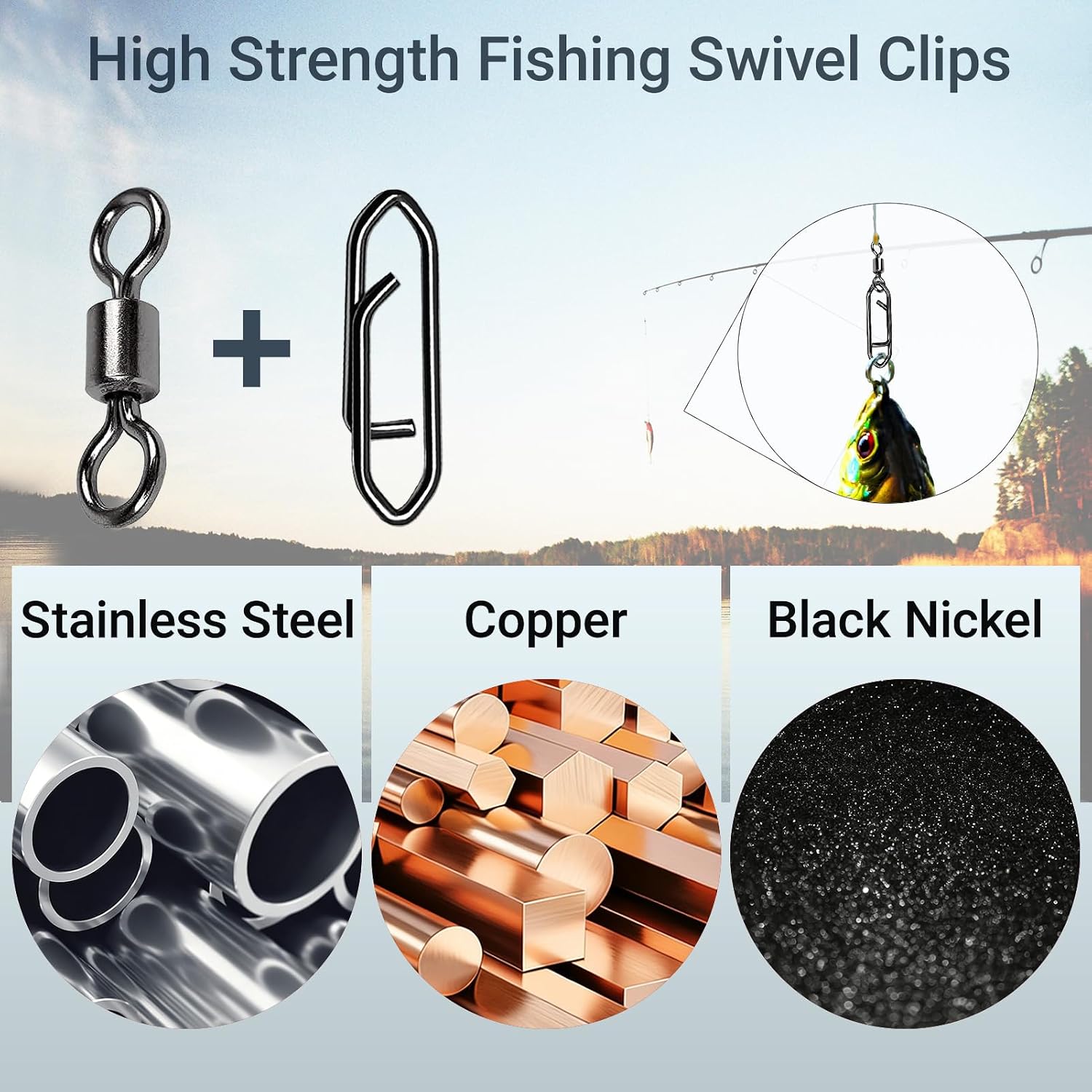 QISHUO Stainless Steel Fishing Swivels Lure Tackle Clips Snap Swivels Strength Barrel Saltwater Swivel Fishing Rolling Black Nickel