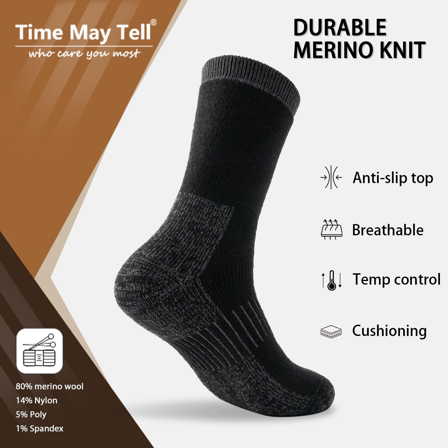 Time May Tell Merino Wool Hiking Boot Socks Cushioned Warm Outdoor Socks
