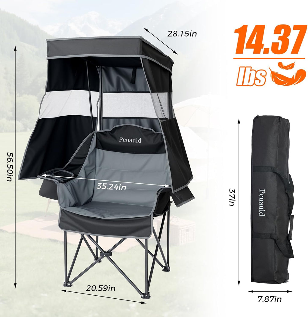 Camping Chair with Canopy Shade Heavy Duty Folding Chair with Umbrella Cup Holder Oversized Beach Chairs with Canopy for Adults Portable Padded Outdoor Lawn Chair for Sports Events Fishing, 500LBS