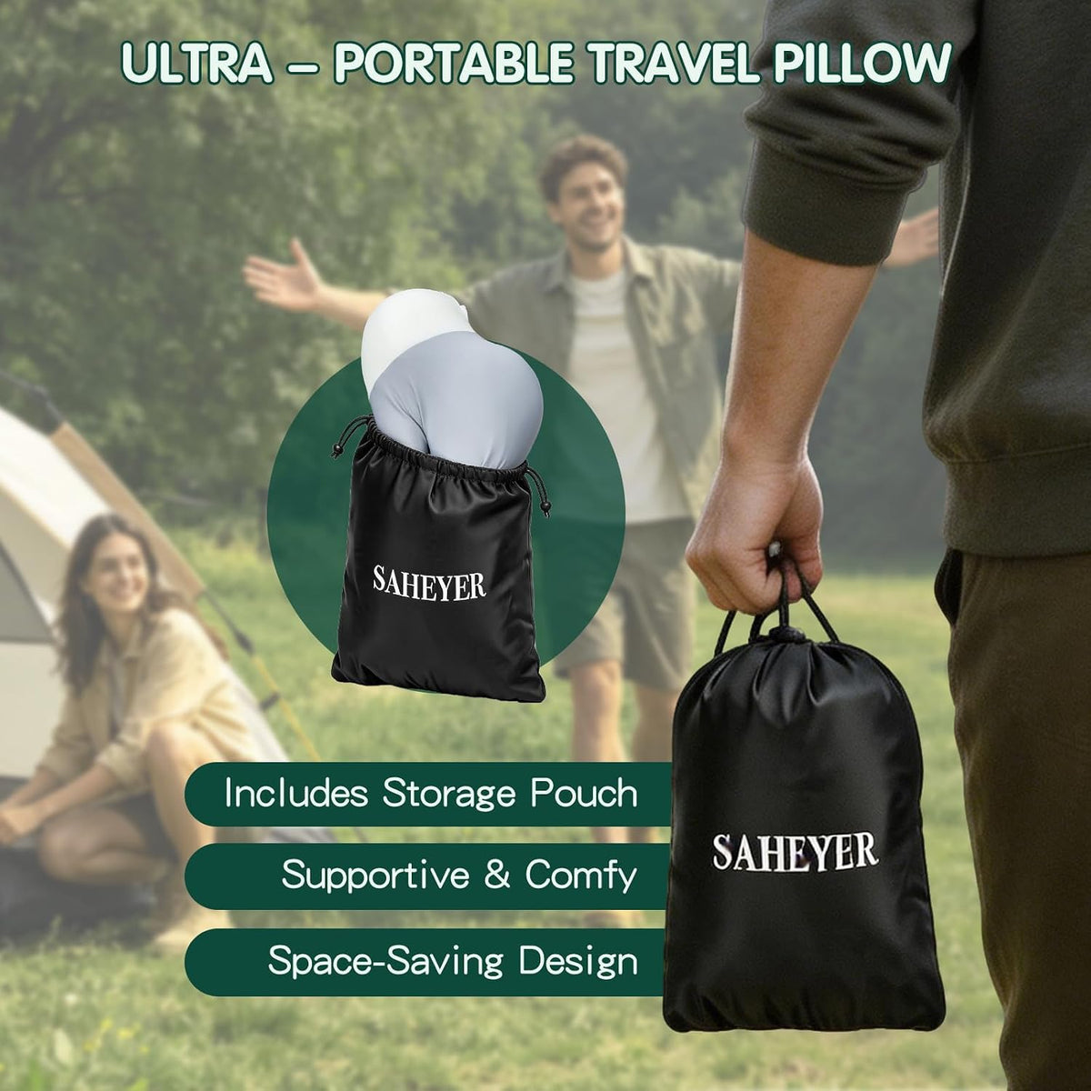 SAHEYER Memory Foam Camping Pillow, Upgraded Lengthened Travel Pillows for Sleeping, Cervical Neck Support Camping Gear Accessories - Small Pillow Travel Essentials for Sleep, Backpack, Hammock, Grey