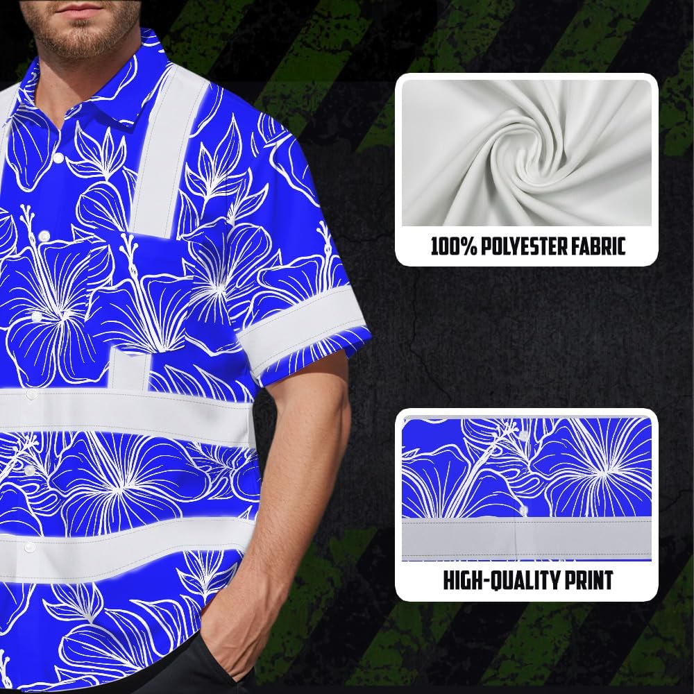 High Visibility Hawaiian Shirt for Men Tropical Shirts Custom Name Floral Outfit Reflective Safety Workwear