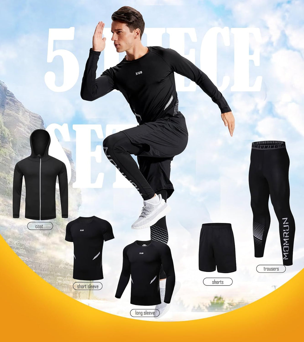 BOOMCOOL 5PCS Workout Sets incluir Compression Shirt Pants Hoodie Jacket for Men outdoor sports running indoor fitness
