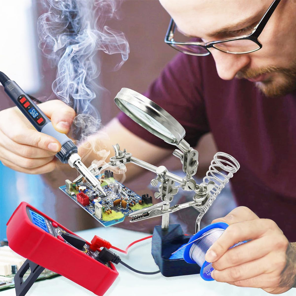 Soldering Iron Kit, 80W Electric Solder iron, Adjustable Temperature (180°C- 500°C）, With Multimeter, Magnifier Welding Helping Hand, Heat shrink tubing, Solder Wire, Desoldering pump.