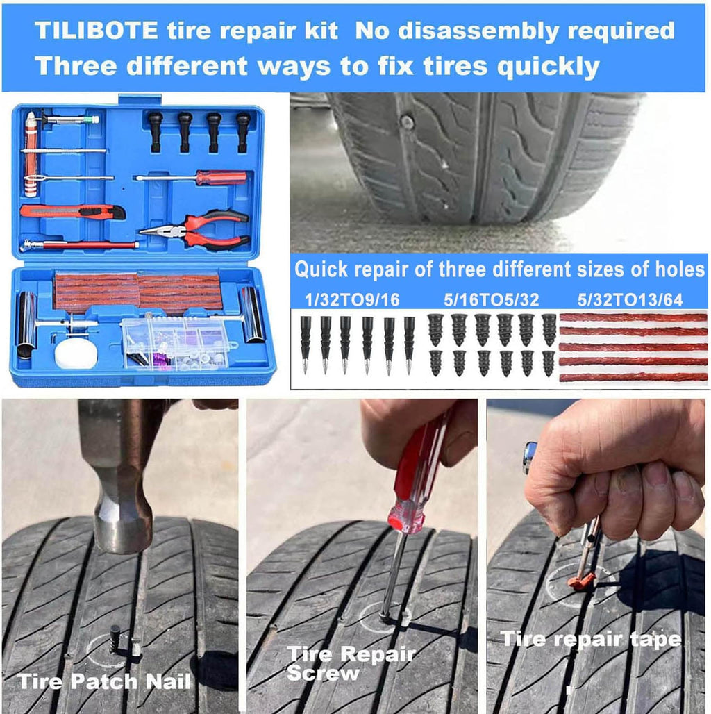 TILIBOTE Tire Repair Kit,117pcs Heavy Duty Tire Plug Kit,with Universal Tire Patch Kit to Plug Flats for Car/Motorcycle/Truck/Tractor/Trailer/RV/ATV
