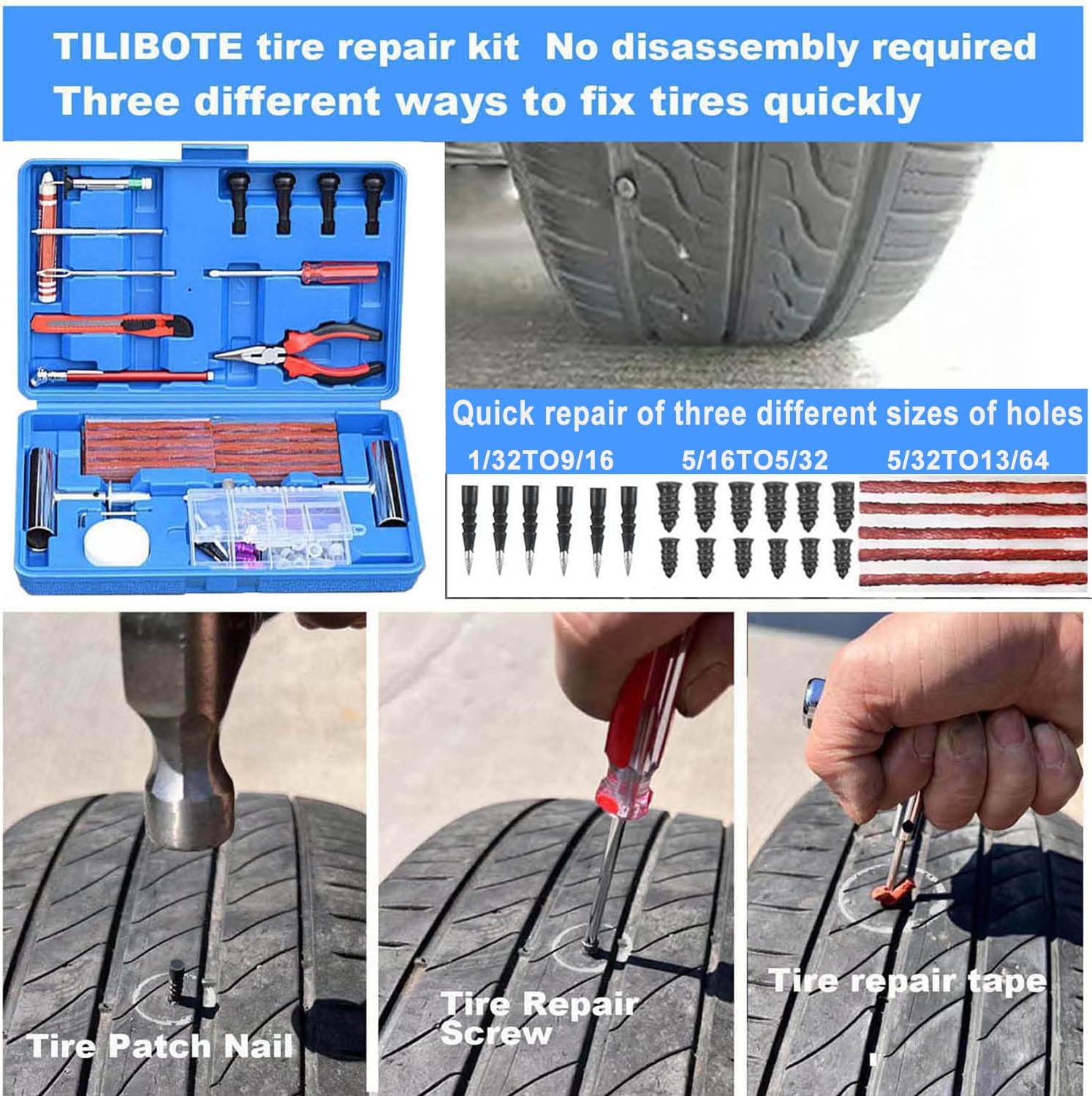 TILIBOTE Tire Repair Kit,117pcs Heavy Duty Tire Plug Kit,with Universal Tire Patch Kit to Plug Flats for Car/Motorcycle/Truck/Tractor/Trailer/RV/ATV