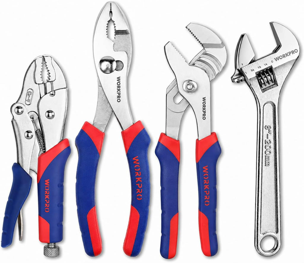 WORKPRO Pliers Set 4-piece Locking Plier Slip-joint Plier Groove Joint Pliers and Adjustable Wrench Home Maintenance Tool Kit