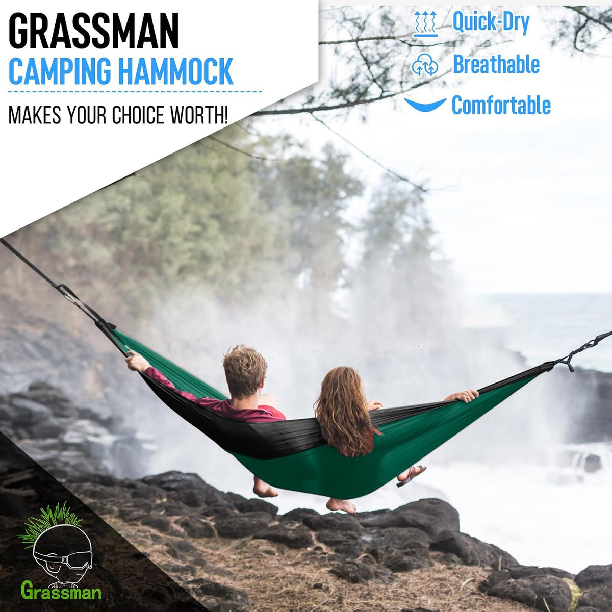 Grassman Camping Hammock Double & Single Portable Hammock with Tree Straps, Lightweight Nylon Parachute Hammocks Camping Accessories Gear for Indoor Outdoor Backpacking, Travel, Hiking, Beach