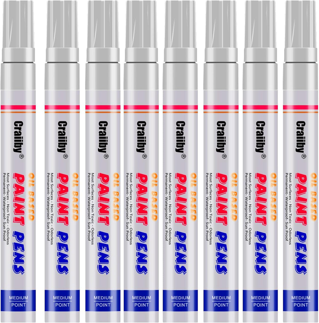White Paint Markers, 8 Pack Oil-Based Waterproof Quick Dry and Permanent Paint Pen Set for Rocks Painting, Wood, Plastic, Canvas, Glass, Mugs, Metal, Tire, Stone, DIY Craft